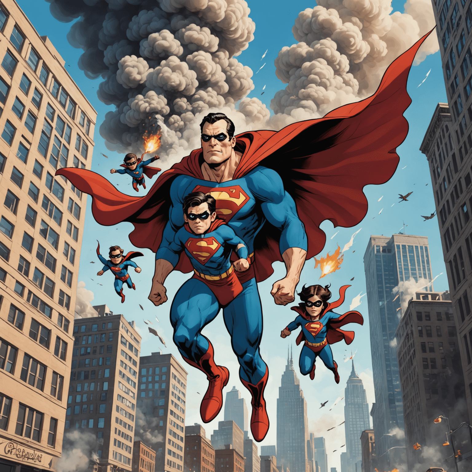 Hancock flying through smoke, carrying a family to safety from a burning high-rise building. The superhero's determined expression contrasts with the relieved faces of the rescued family members.