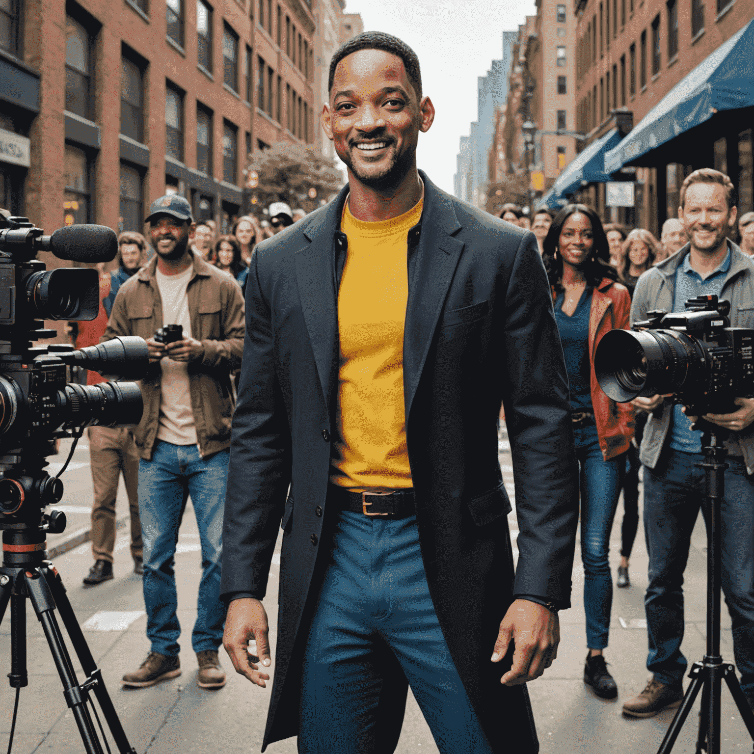 Will Smith on the set of Hancock, wearing his superhero costume and smiling at the camera. Behind him, we can see the film crew and equipment.