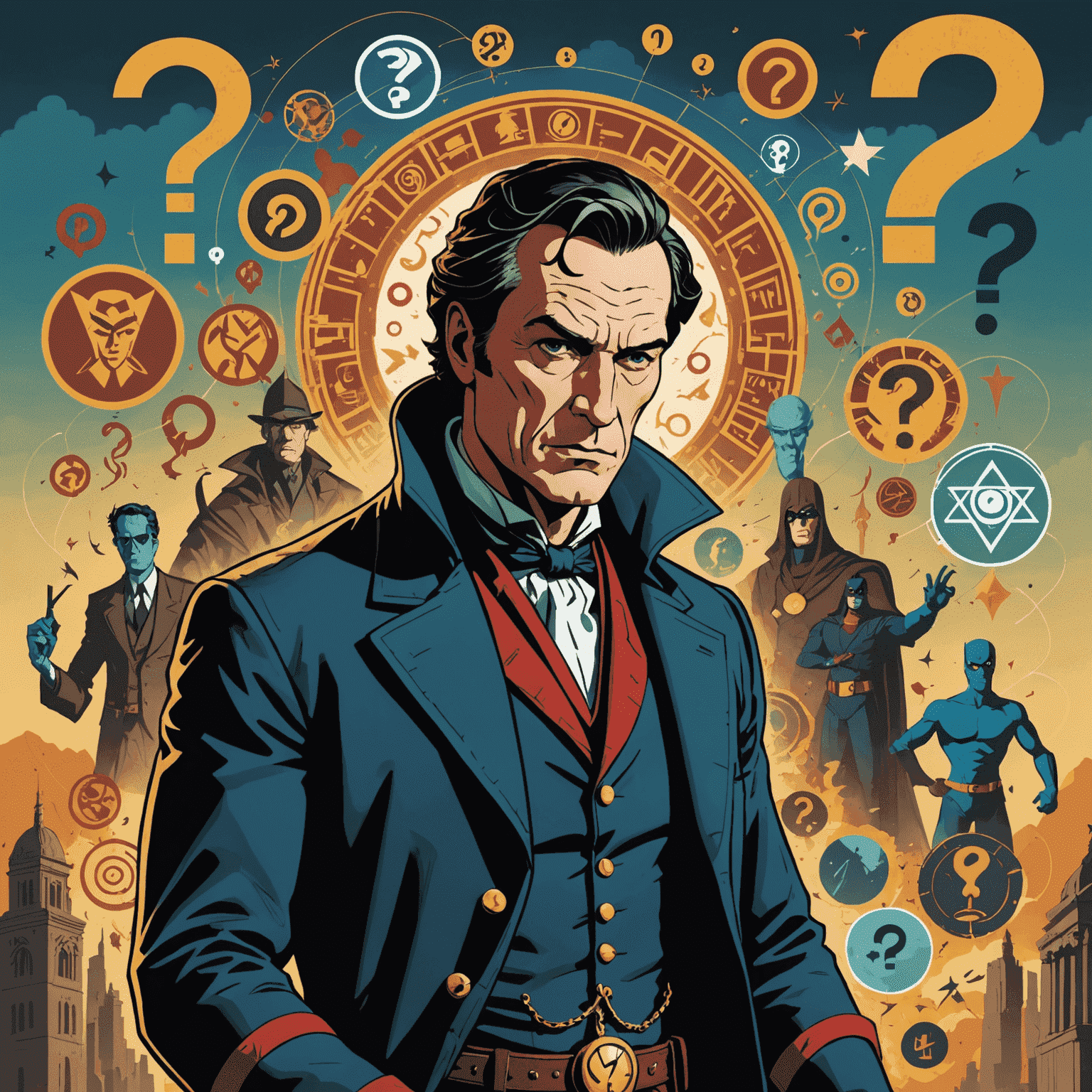 A collage showing Hancock using his superpowers, with question marks and ancient symbols overlaid, suggesting mystery about his origins