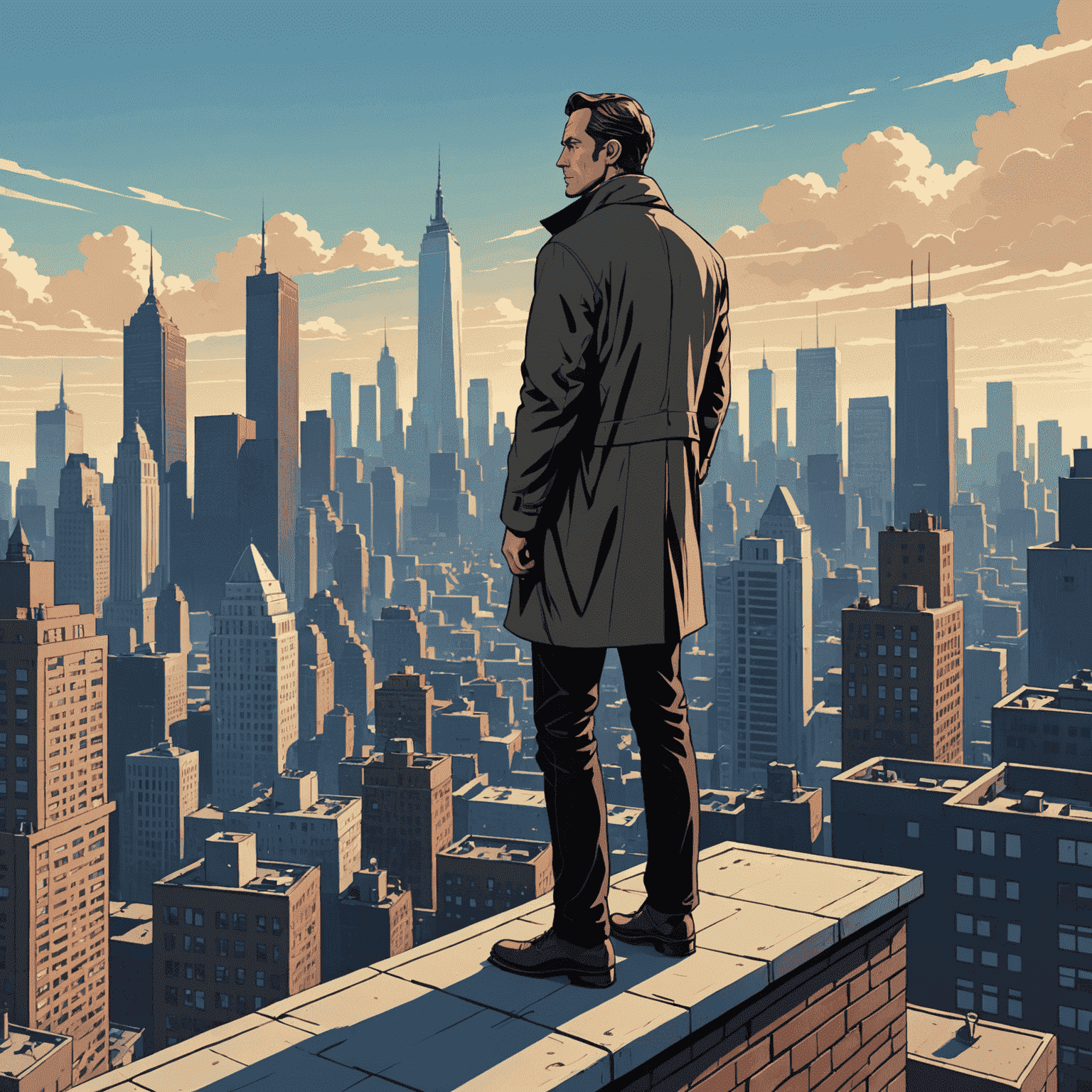 Hancock standing on a rooftop, looking contemplative. The city skyline is visible behind him, symbolizing his role as a protector.