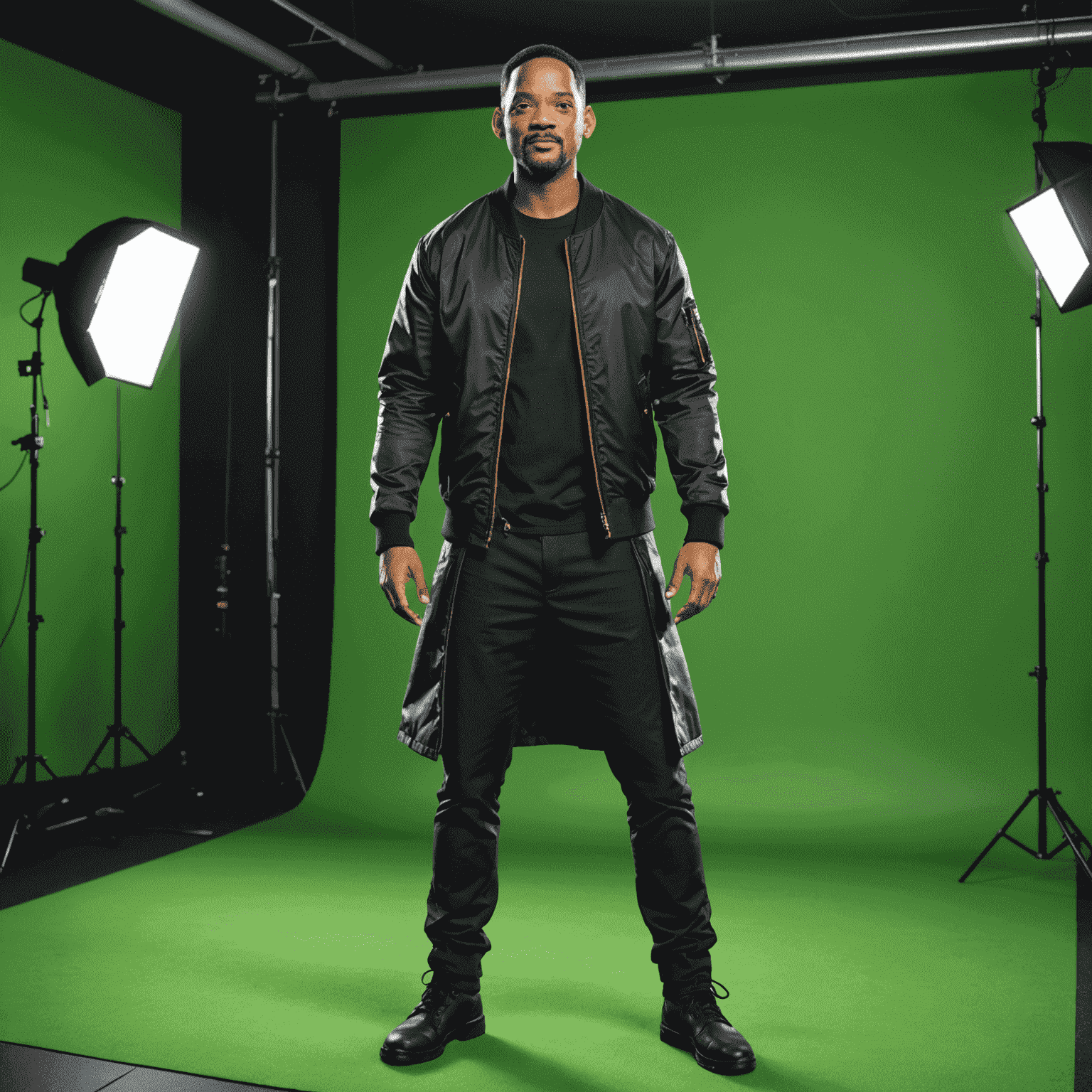 Will Smith in Hancock costume, standing in front of a green screen. Special effects team visible in the background.