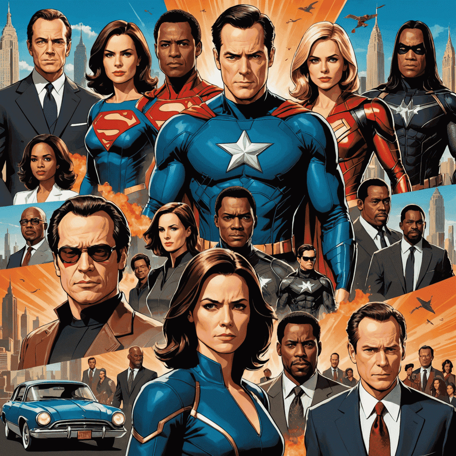 A collage of Hancock movie scenes, showcasing the main characters Hancock, Ray, and Mary in various iconic moments from the film. The image captures the essence of Hancock's superhero abilities and the emotional journey of the characters.