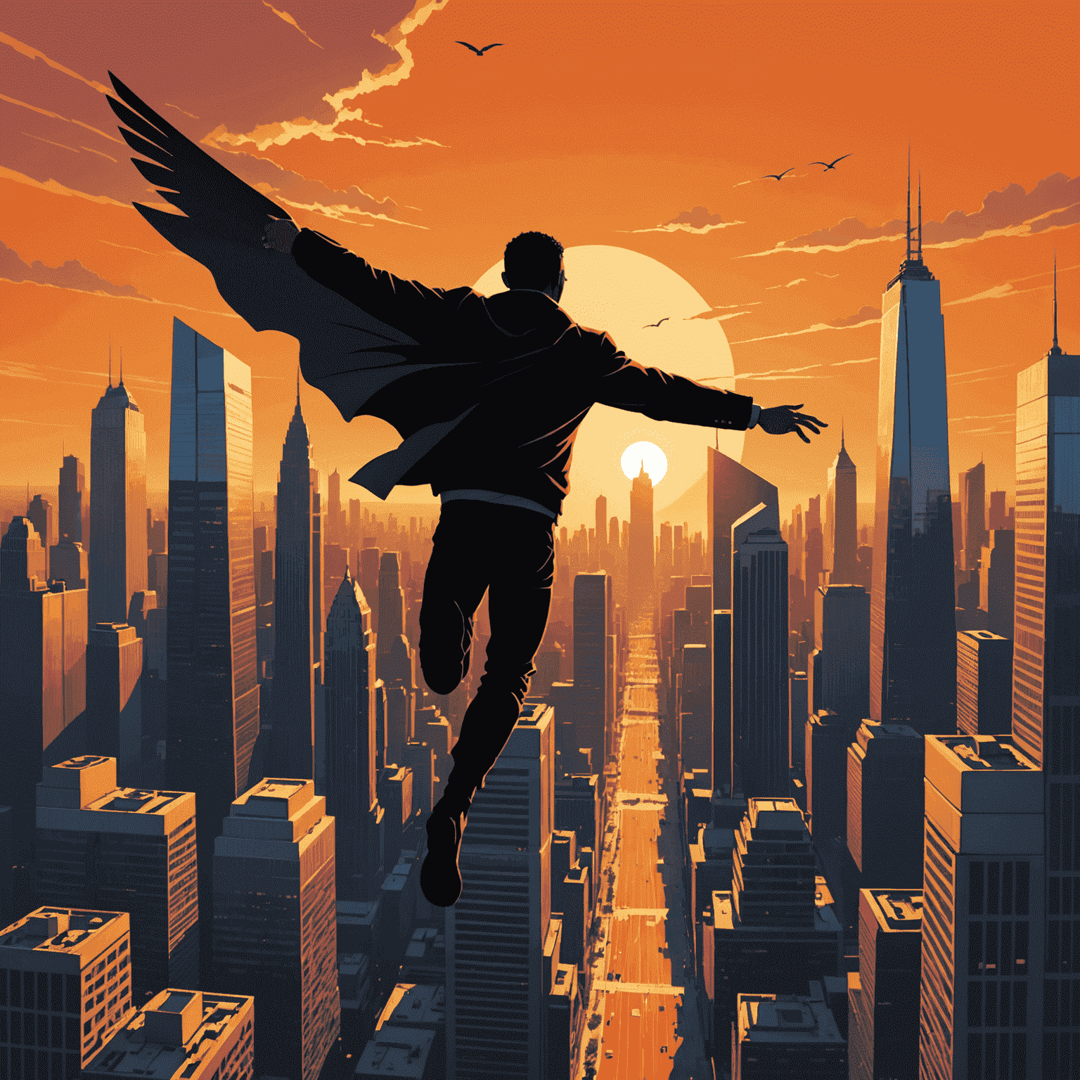 Digital illustration of Hancock flying through a cityscape at sunset, his silhouette contrasting against an orange sky with skyscrapers in the background