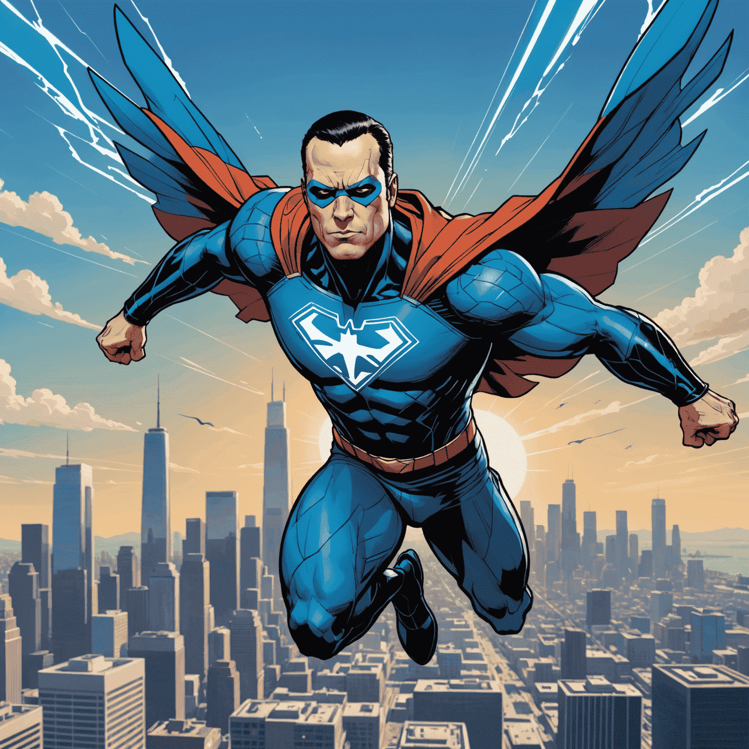 Hancock flying through the air with his signature trail of blue energy, against a backdrop of the Los Angeles skyline