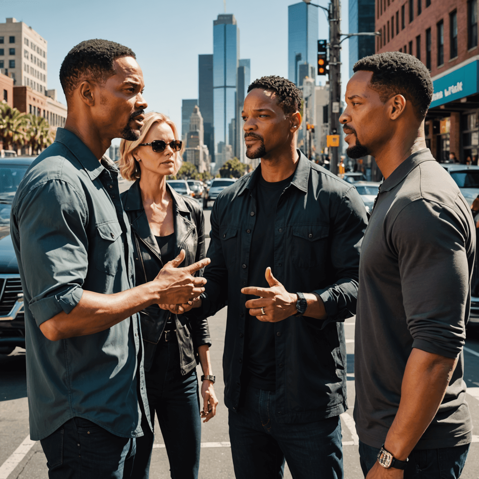 Director Peter Berg gesturing while explaining a scene to Will Smith and Charlize Theron on the set of Hancock. The cityscape of Los Angeles is visible in the background.