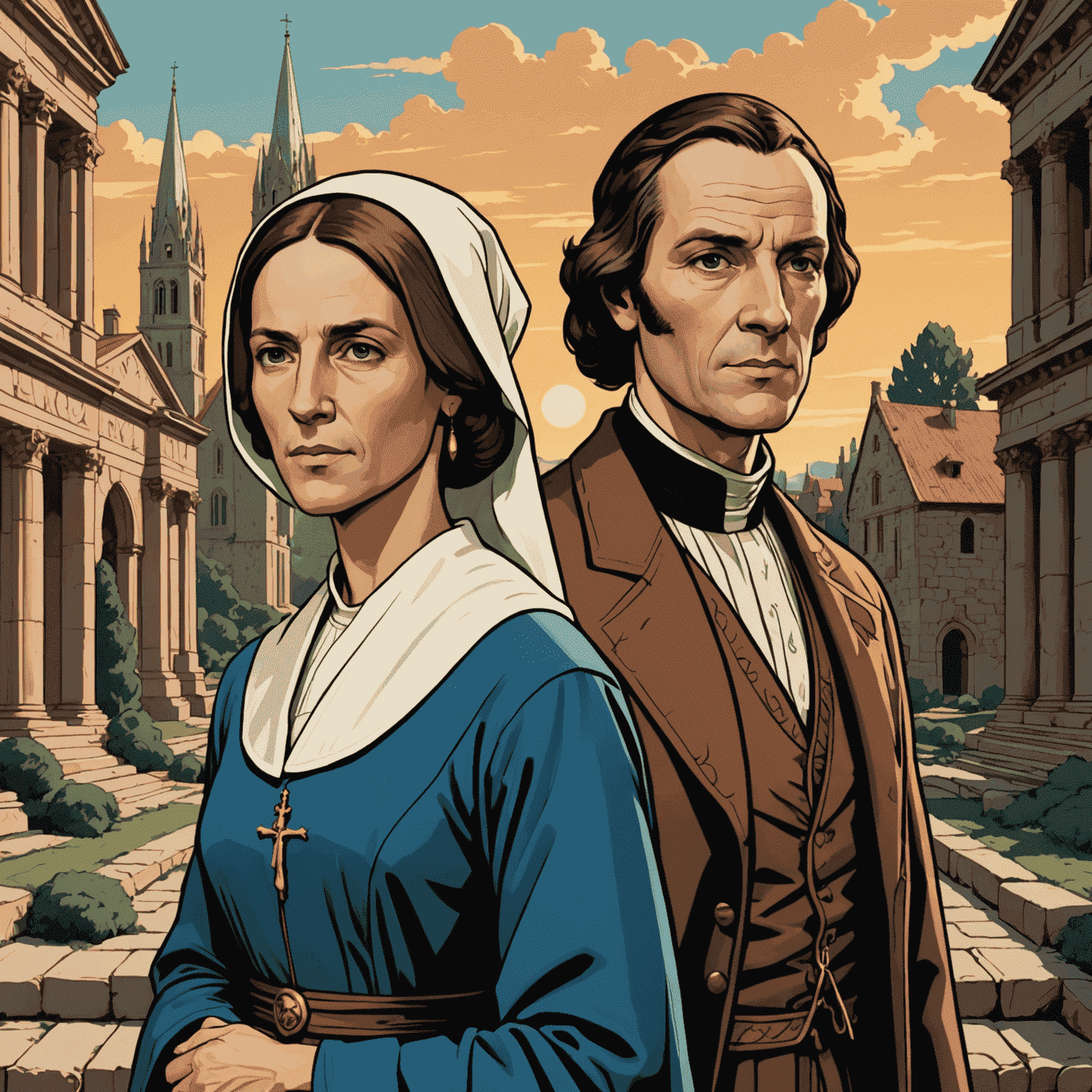 A split-screen image showing Hancock and Mary in both modern and ancient settings, symbolizing their long history together