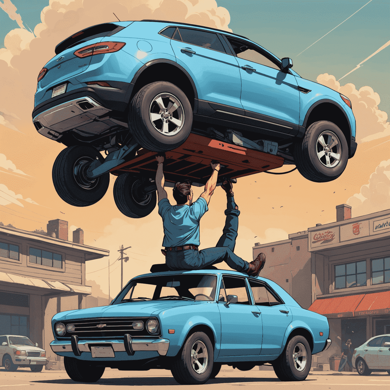 Hancock lifting a car above his head with ease, showcasing his super strength