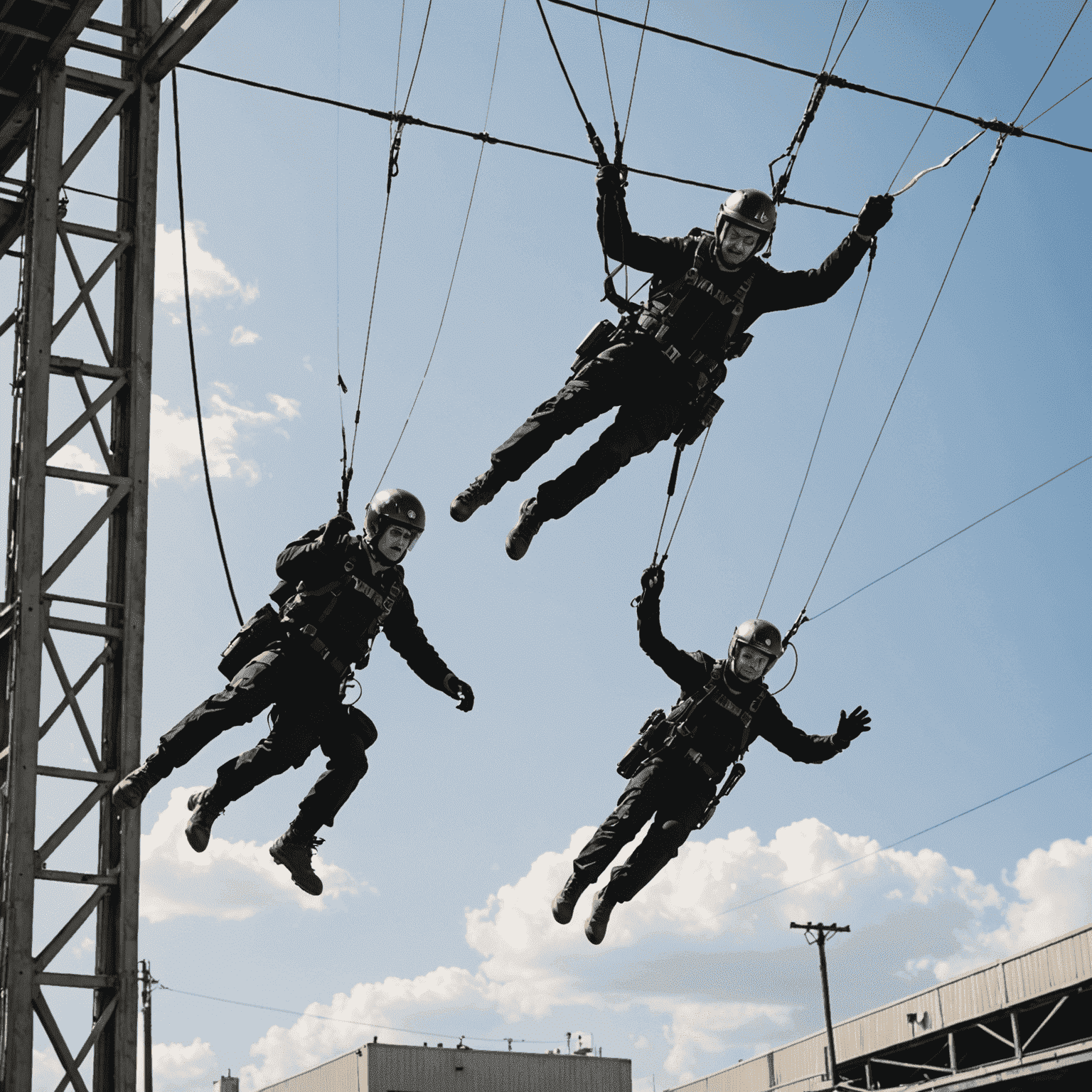 Stunt double performing a high-flying action sequence, attached to wires with crew members controlling the rig.