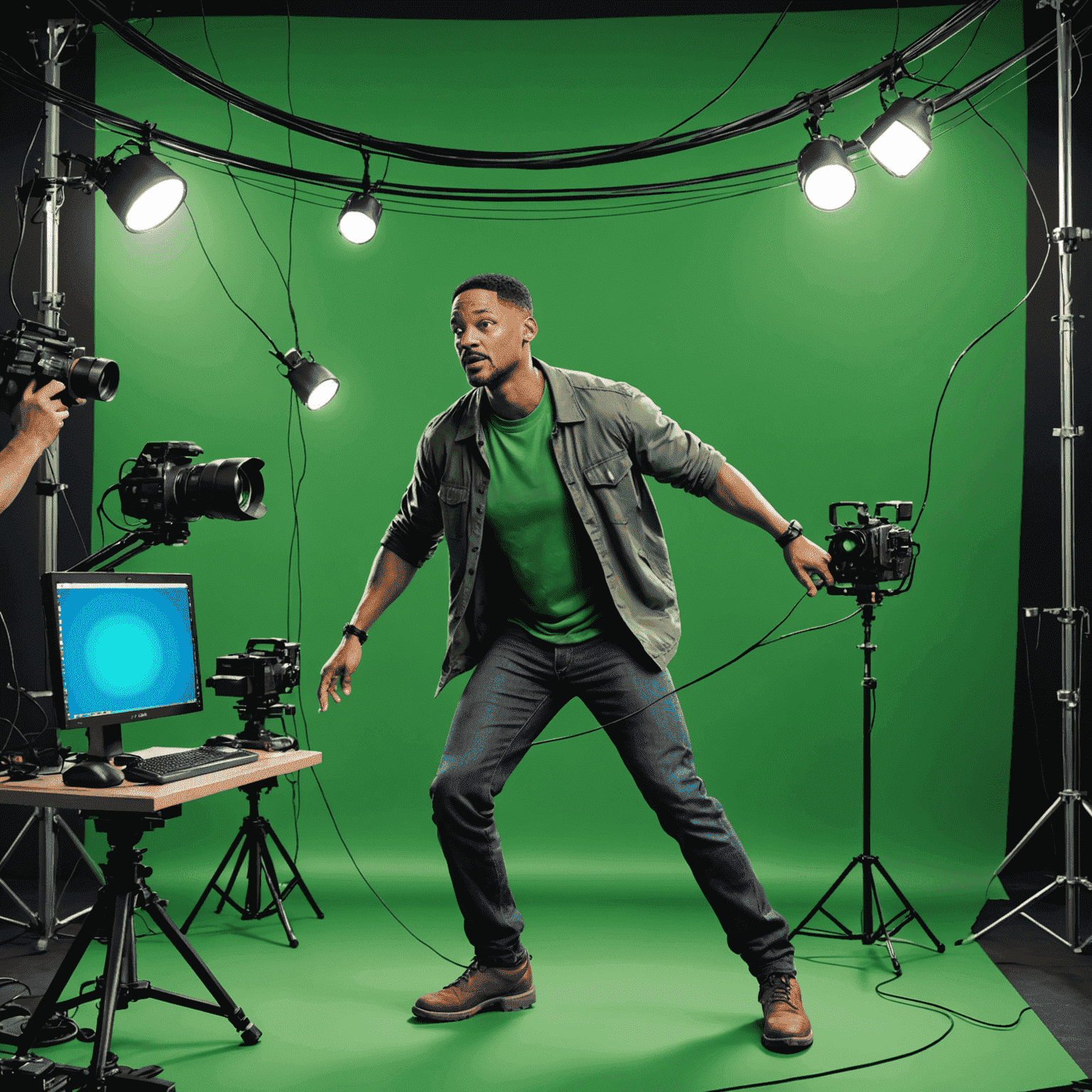 A behind-the-scenes look at the special effects team working on a green screen set. Will Smith can be seen suspended by wires, simulating flight.