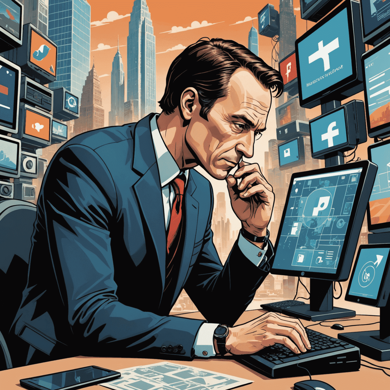 A montage of Hancock interacting with modern technology, social media, and global issues, representing his place in contemporary society