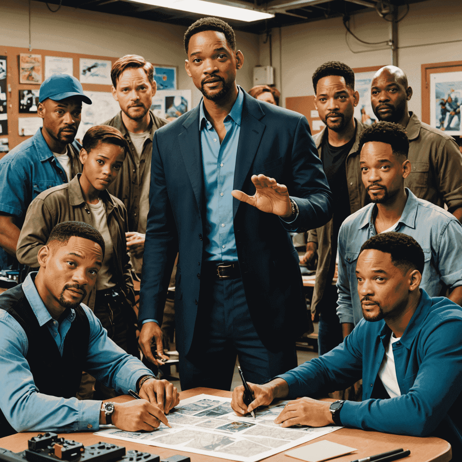 Collage of behind-the-scenes photos showing Will Smith in costume, special effects team at work, and stunt coordinators planning action sequences