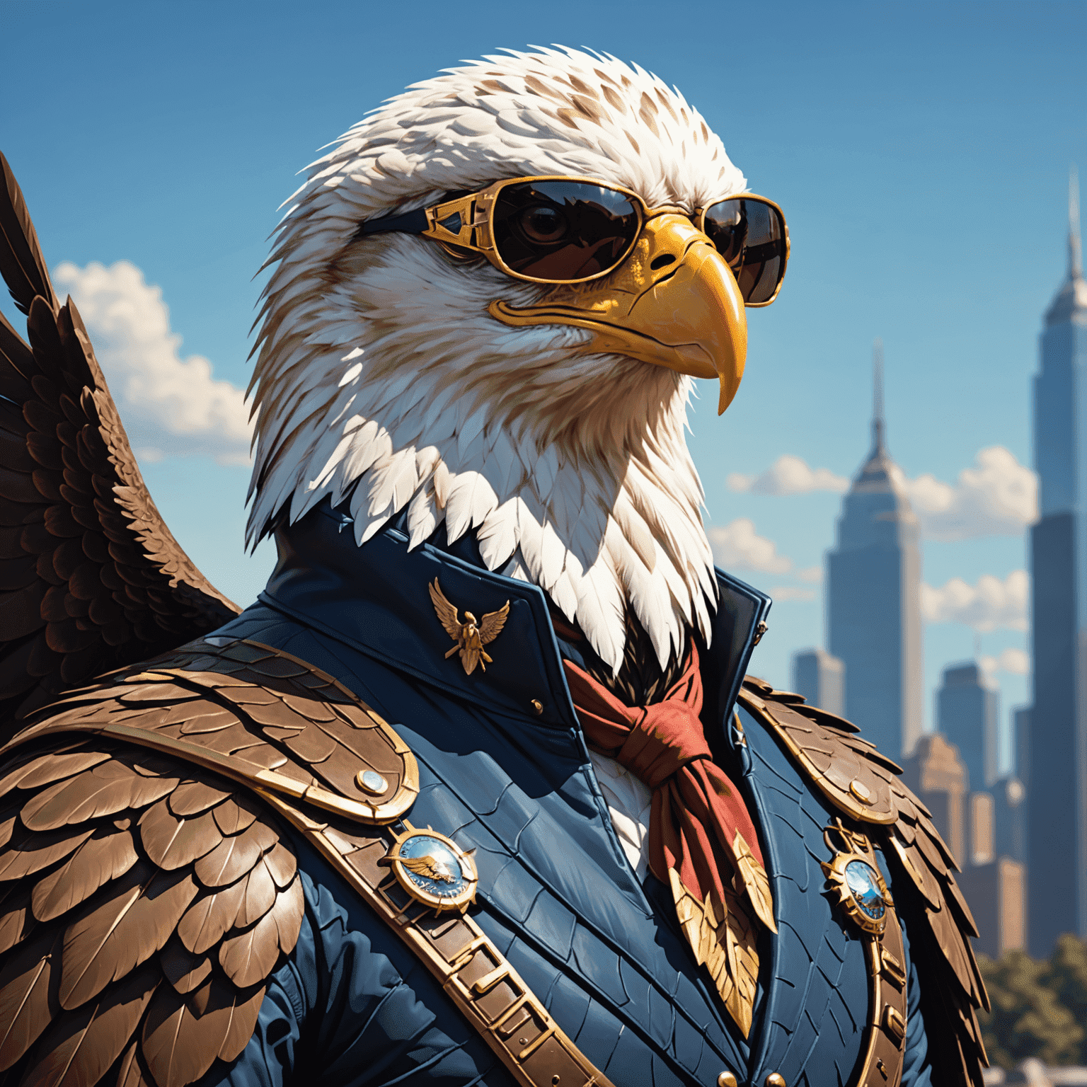 A close-up of Hancock's eagle-emblazoned costume and sunglasses, symbolizing his transformation and identity.