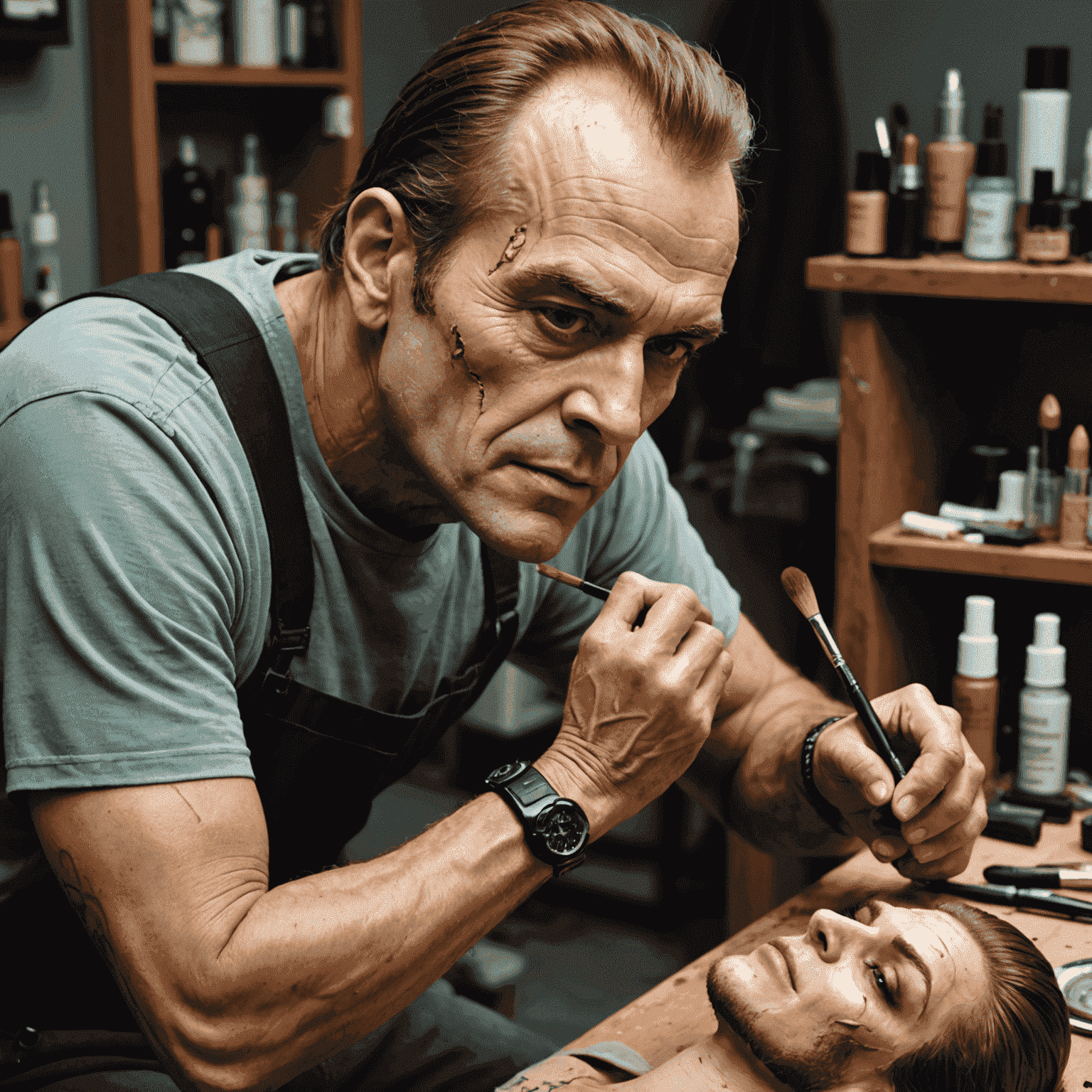 Makeup artists applying prosthetics and special effects makeup to create Hancock's weathered and invulnerable appearance.