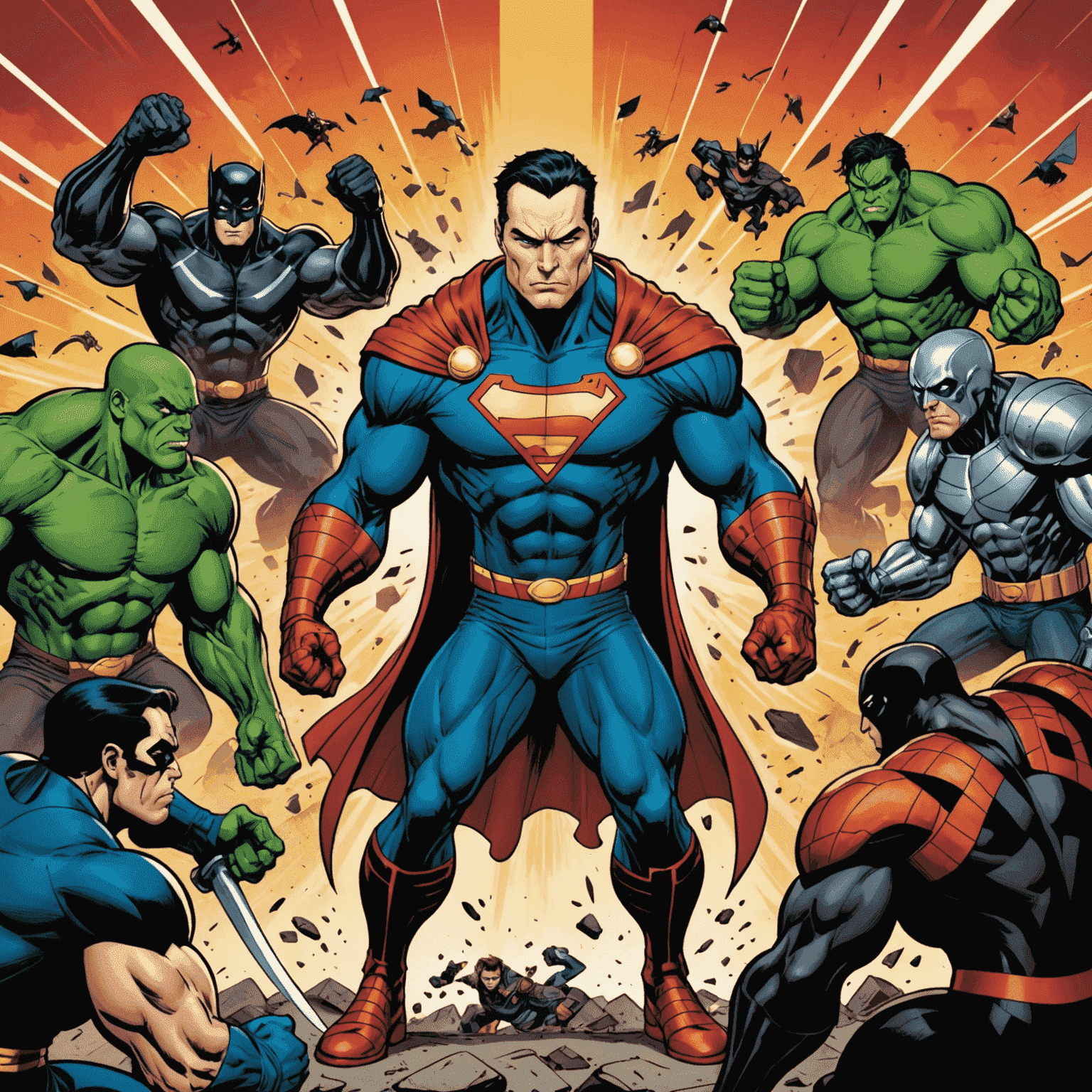Comic-style illustration of Hancock facing off against multiple villains, showcasing his superhuman strength and agility