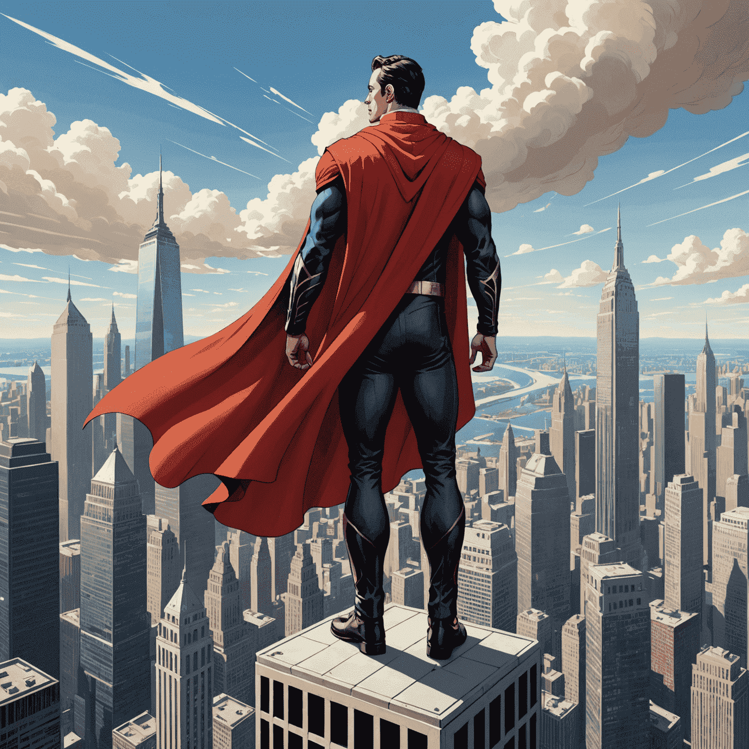 Hancock standing triumphantly atop a skyscraper, his cape billowing in the wind as he surveys the city he protects