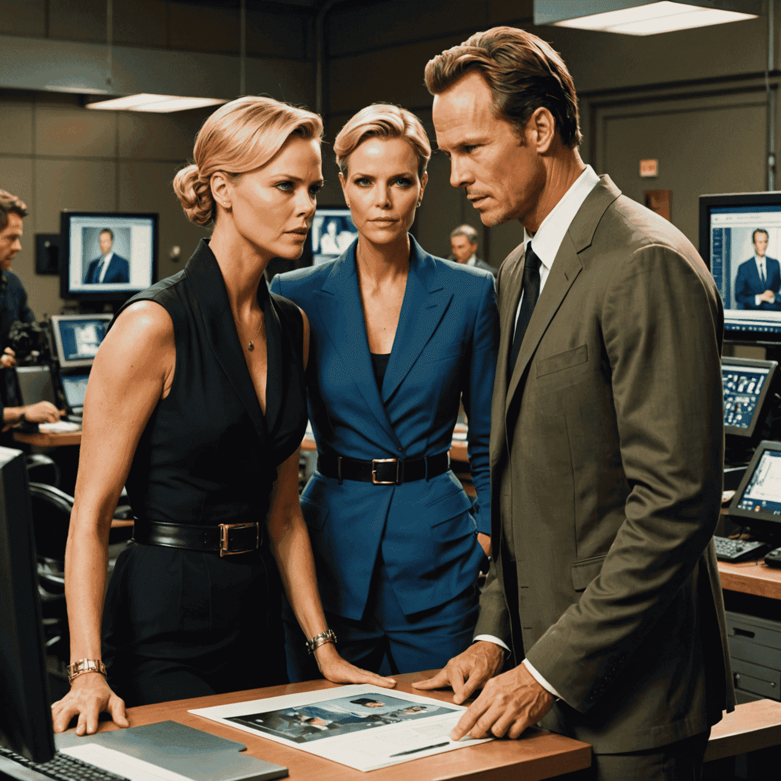 Charlize Theron in costume as Mary, discussing a scene with Peter Berg. The image shows them reviewing footage on a monitor on set.
