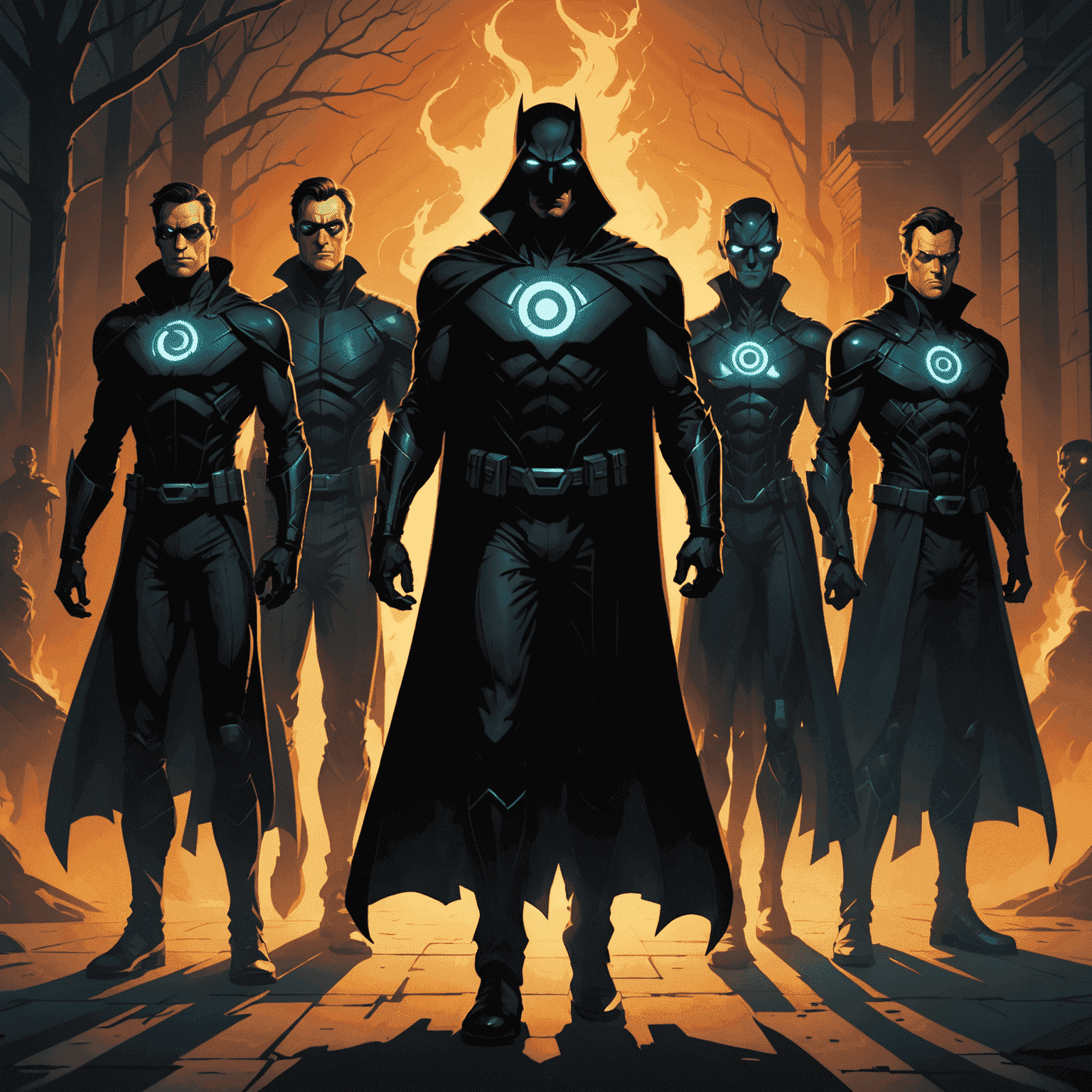A shadowy group of figures with glowing eyes, hinting at the existence of other superhumans like Hancock