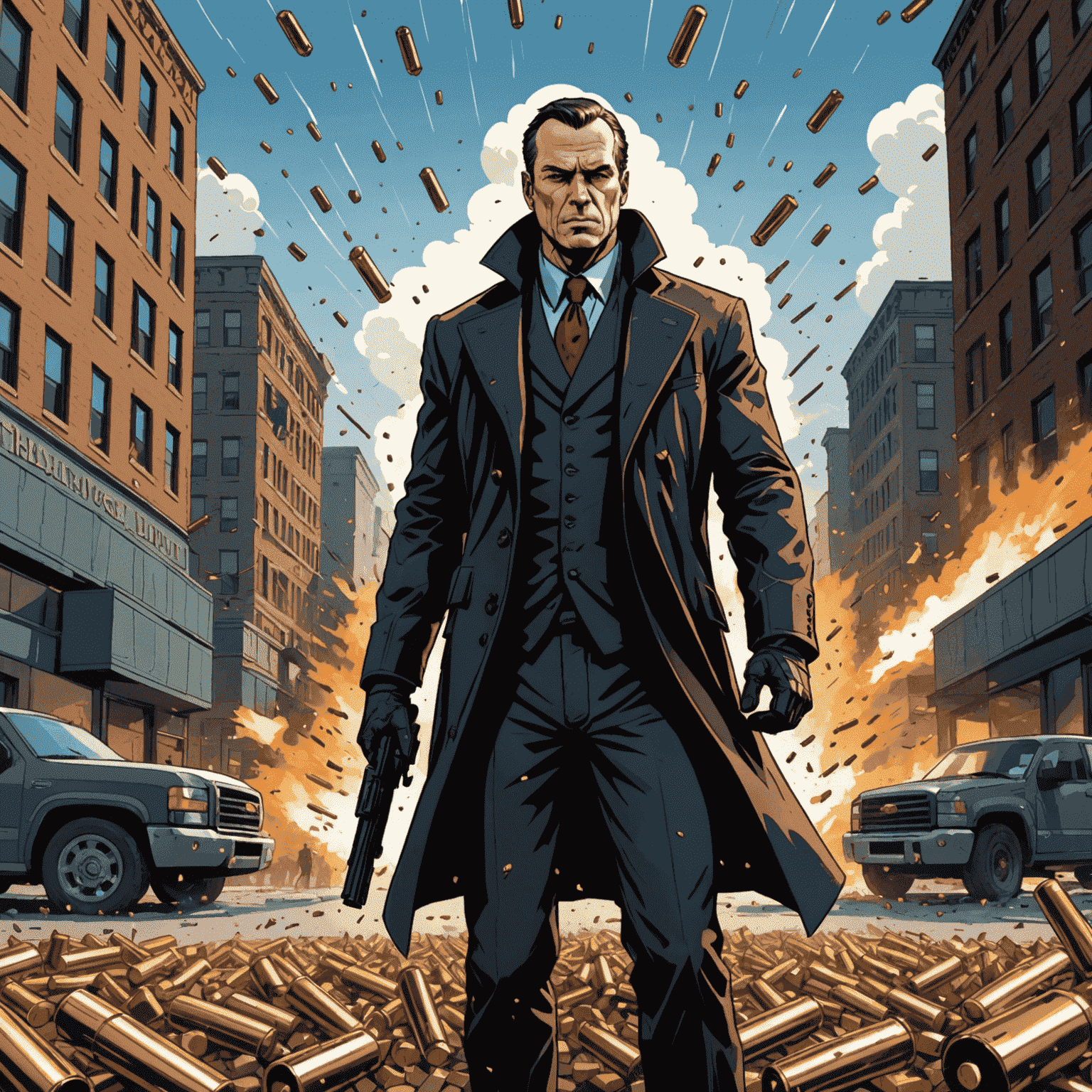 Hancock standing unharmed amidst a hail of bullets, demonstrating his invulnerability