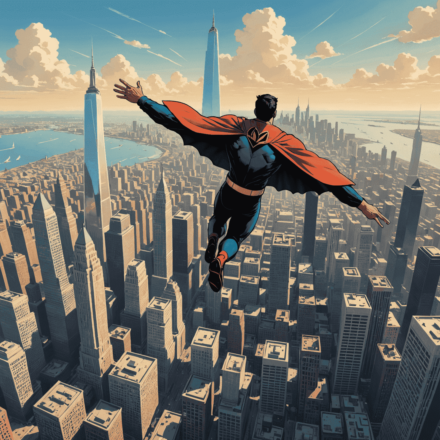 A panoramic view of Hancock flying over the city, now as a beloved and respected hero, with citizens cheering below.