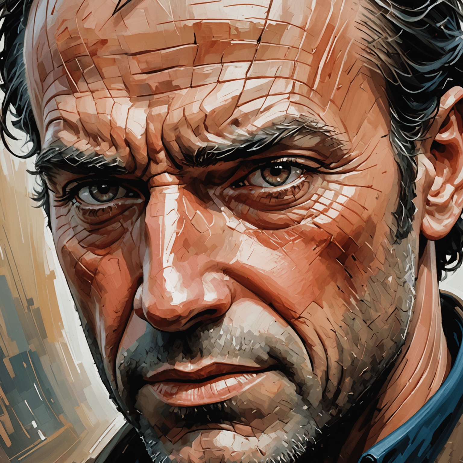 Oil painting of Hancock's face in close-up, showing the complexity of his emotions and the weathered look of a hero who's seen it all