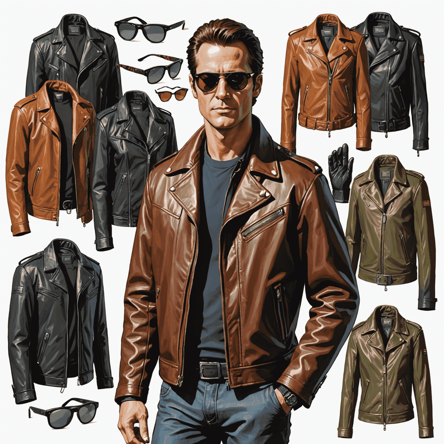 Costume designer showcasing Hancock's iconic leather jacket and sunglasses. Various costume sketches and fabric swatches are visible in the background.