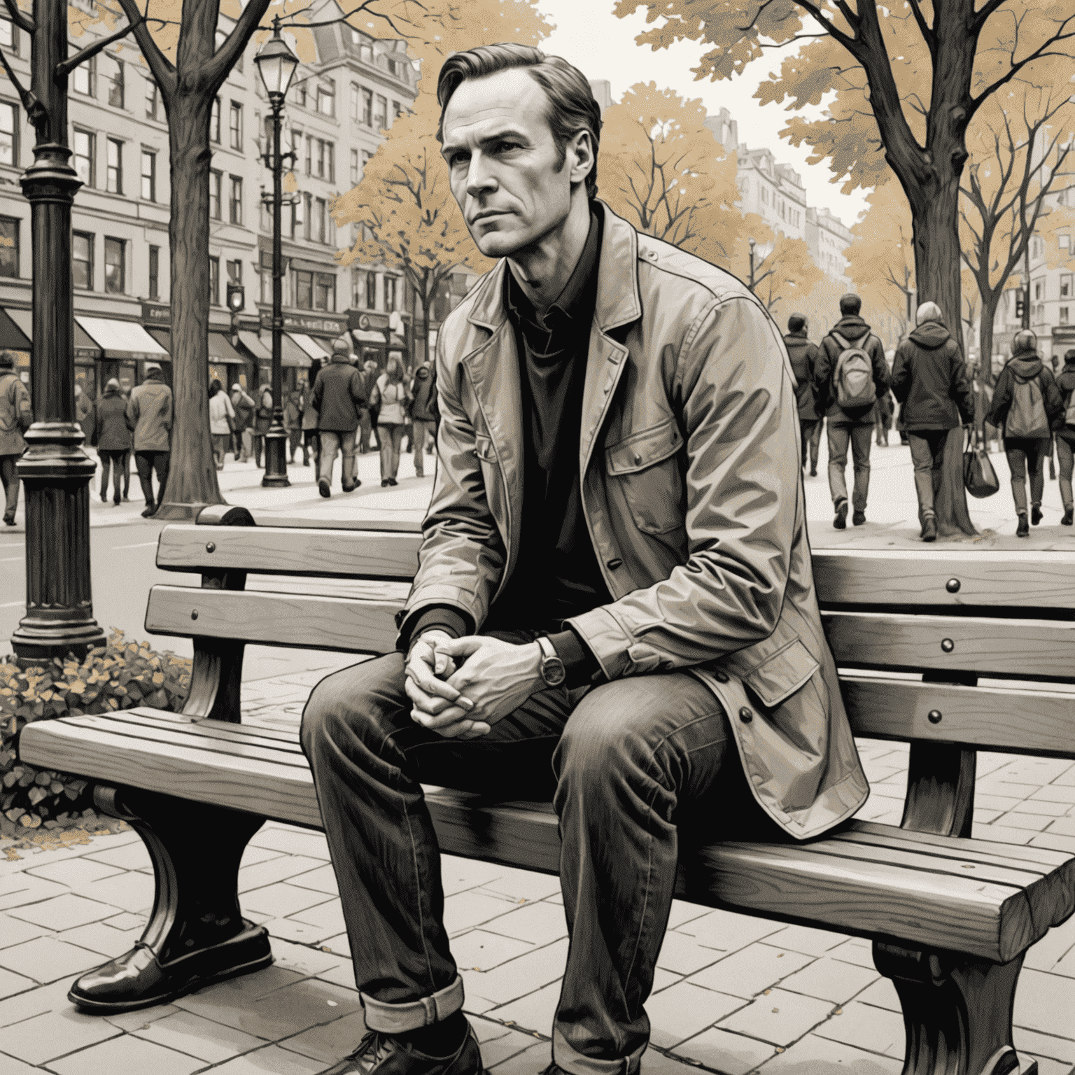 Pencil sketch of Hancock in his casual clothes, sitting on a bench and interacting with ordinary citizens